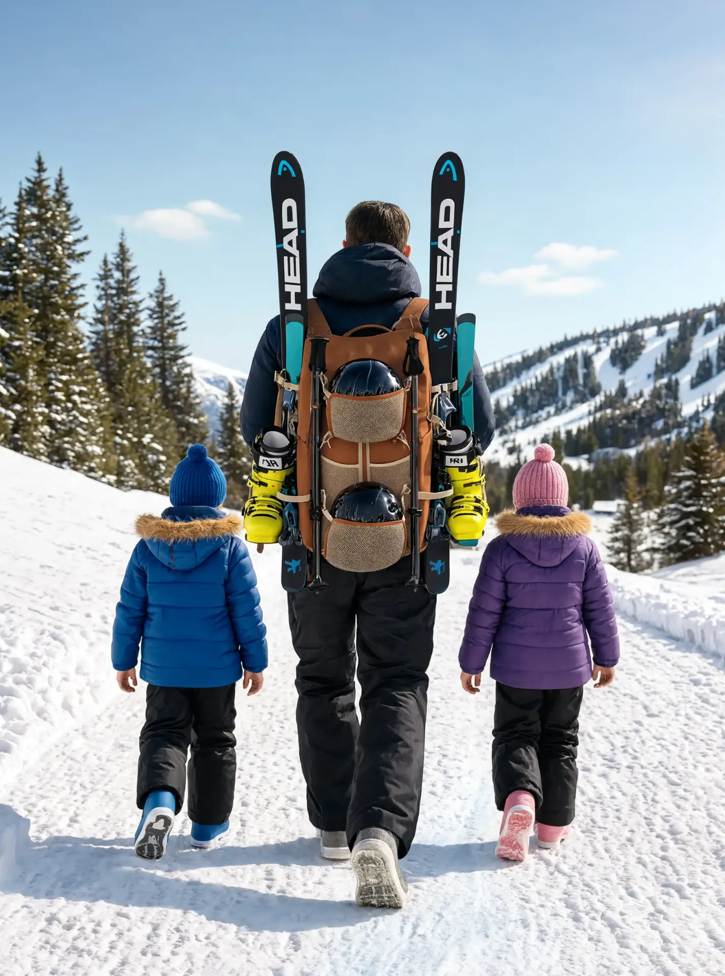 Father seen from behind with a child on each side, carrying the GONDL Family Bag