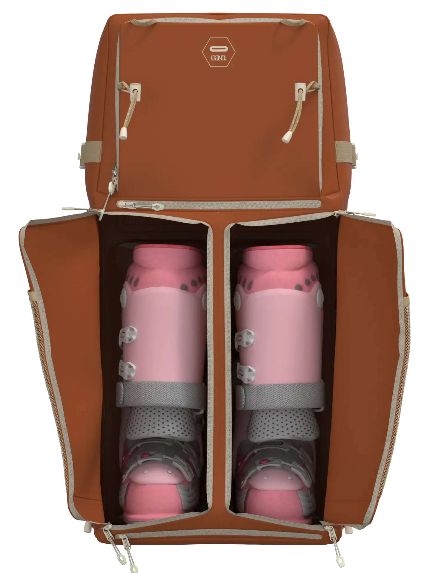 Open boot compartments of the GONDL bag holding two pairs of kids' ski boots
