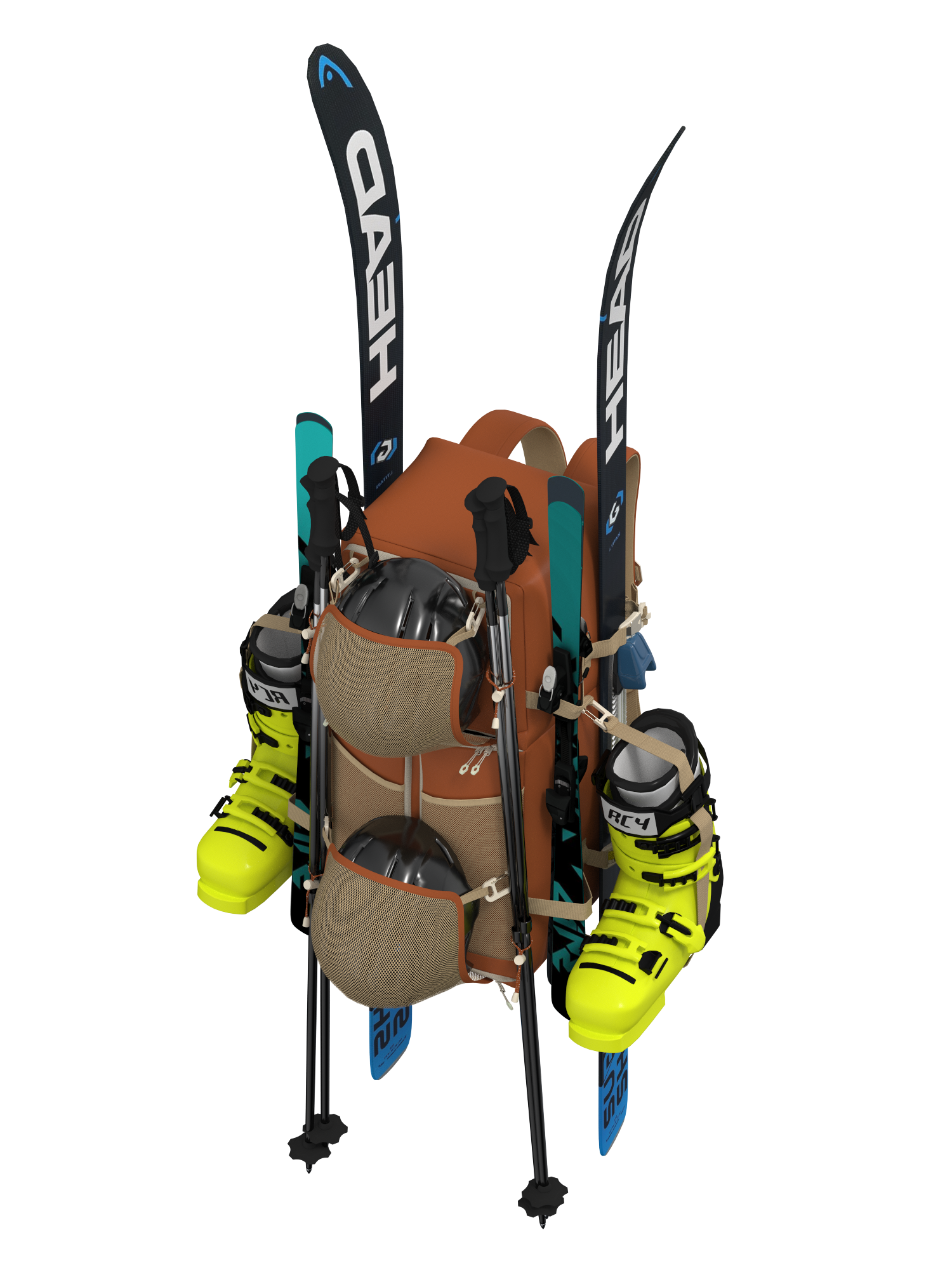 GONDL bag loaded with skis, poles, helmets and boots strapped to the outside