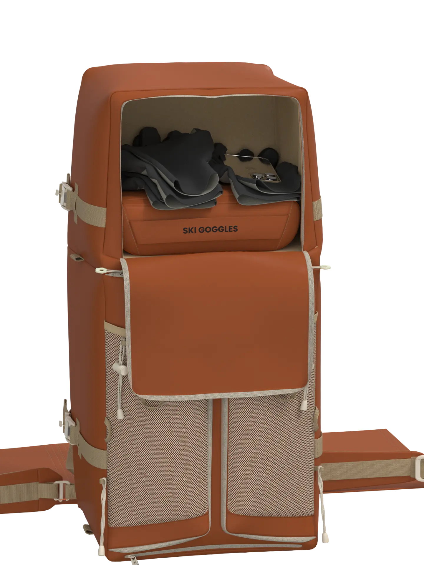 Top compartment of the GONDL bag with gloves, goggles and daily essentials